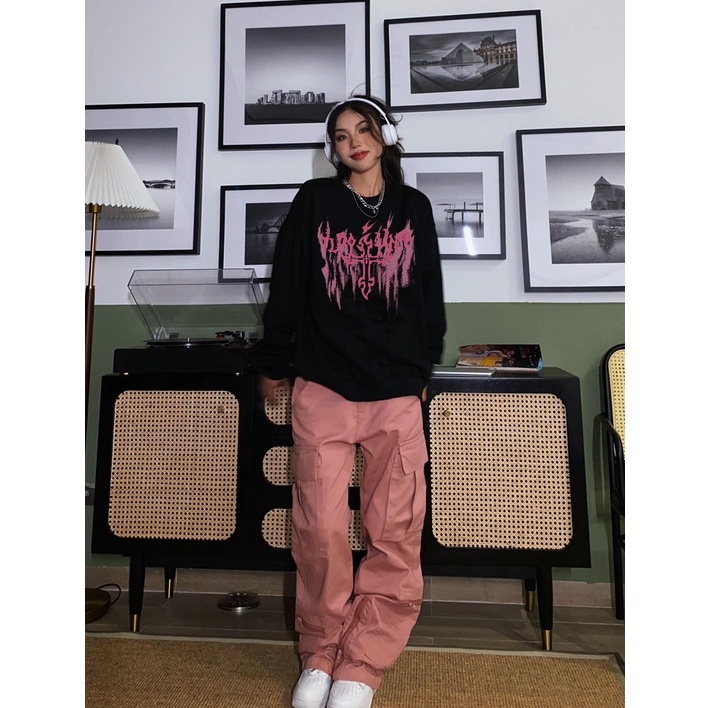 FOCUS Áo Nỉ nữ harajuku retro đen bigsize Ulzzang áo dài tay unisex 100%cotton