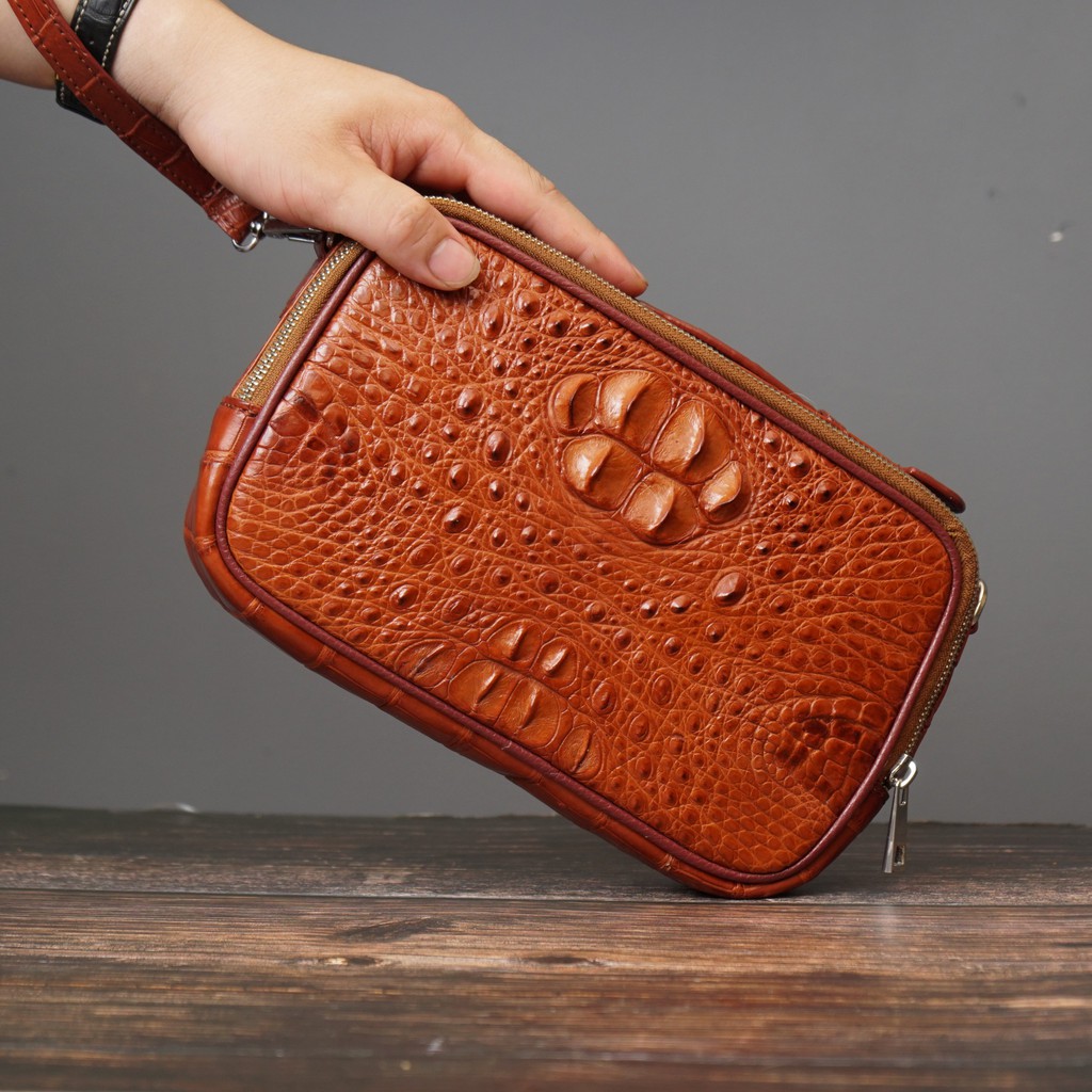 DA BÒ THẬT Clutch cầm tay da cá sấu dáng hộp có quai xách sang trọng thời thượng | Da cá sấu thật