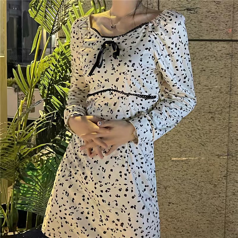 Đầm ngắn dáng ôm in hoa kiểu retro Hàn Quốc thời trang mùa thu mới cho nữ