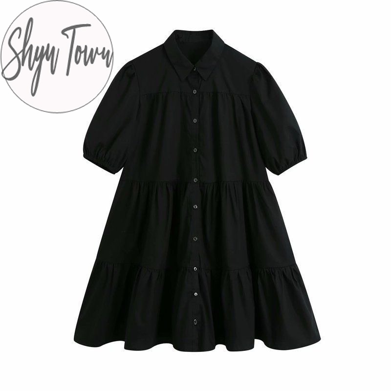 Đầm nữ sơ mi trắng cổ đức tùng xoè ulzzang, Váy babydoll tay bồng 2 tầng vintage xinh xắn - ShynCloset