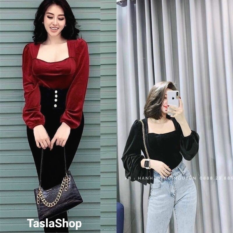 ÁO NHUNG CỔ VUÔNG TAY DÀI CÓ MÚT TASLASHOP