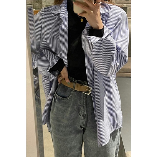 Áo sơ mi ZHELIHANGFEI tay dài dáng rộng họa tiết sọc phong cách cổ điển dễ phối đồ