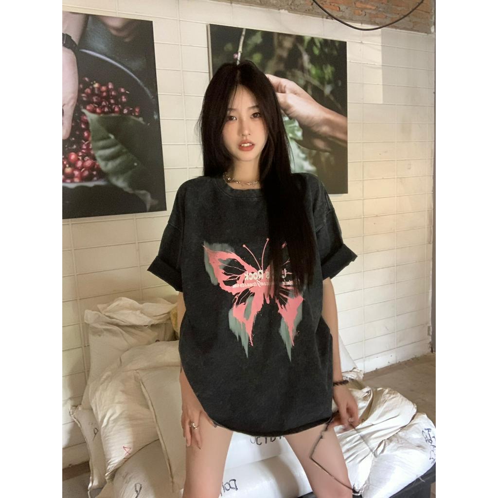 Áo Thun Cotton Ngắn Tay In Hình Bướm Đen Phong Cách Retro 63315