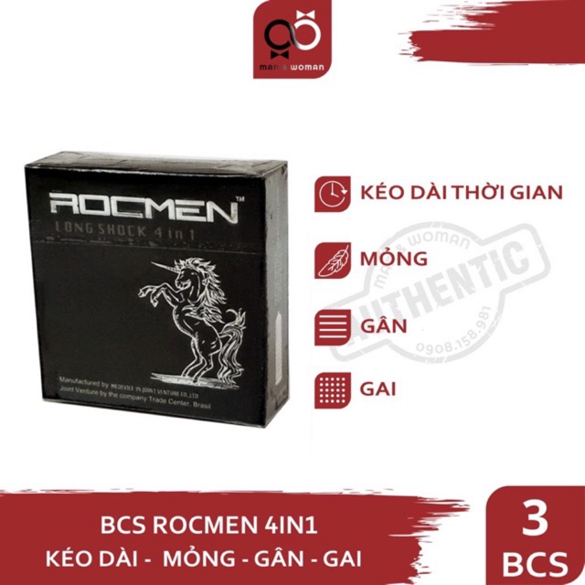 Bao cao su 4 In 1 Gân Gai, Kéo dài thời gian Rocmen Đen Hộp 3 cái