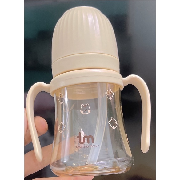 Bình hút Tovi and Molly Thỏ Sóc Hàn Quốc màu trắng/ Be 180ml 280ml, bình sữa Thỏ có tay cầm ống hút