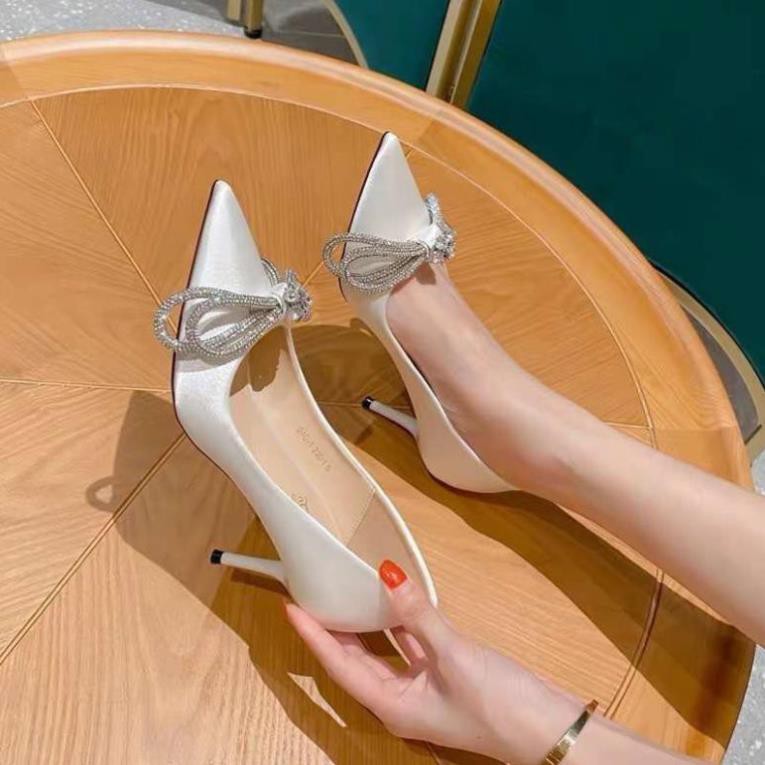 H(ẢNH THẬT) Giày Cưới Cao Gót 9p Nơ Đá Lụa Satin Mềm Êm Không Dốc Fullbox Bill Túi Cao Cấp