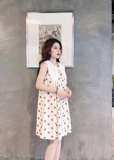váy chấm bi cổ nơ trắng