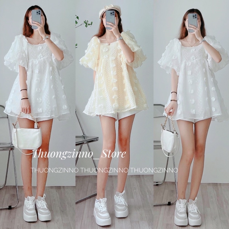 [Ảnh thật/Video]Áo trễ vai hoa nổi tay phồng MiO Nhẹ nhàng trẻ trunh Áo trễ vai Hàn Quốc hoa nổi