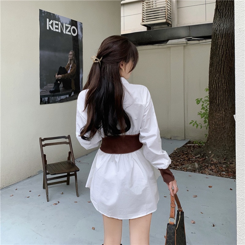 Váy áo sơ mi dài tay pha len tăm phong cách Retro JOLI Clothing V104