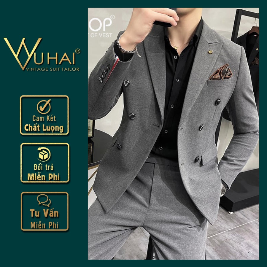 Vest Nam đẹp 6 cúc màu ghi xám, Áo Blazer nam phong cách Hàn Quốc M033
