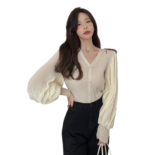 QKOOLE  Áo khoác cardigan dệt kim tay phồng dáng rộng phong cách Hàn Quốc thời trang cho nữ