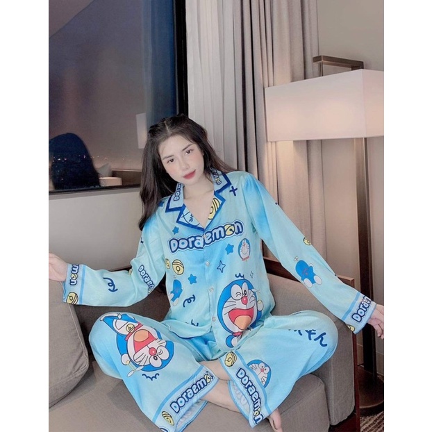 Pijama Doraemon lụa xước cao cấp - đồ ngủ xinh
