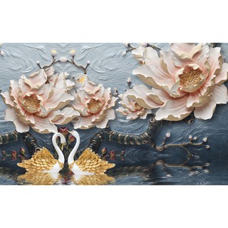 Tranh treo tường VTC Đôi thiên nga mẫu đơn NewCV-001