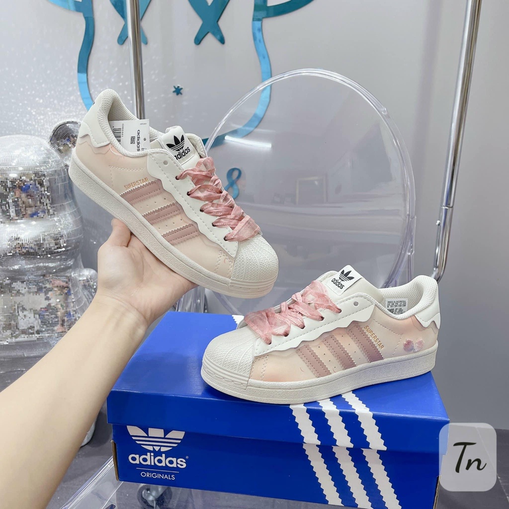 Giày thể thao adidas superstar hồng + xanh kem trắng, giầy das sò 3 sọc hồng, xanh nữ cực chất hot trend 2022