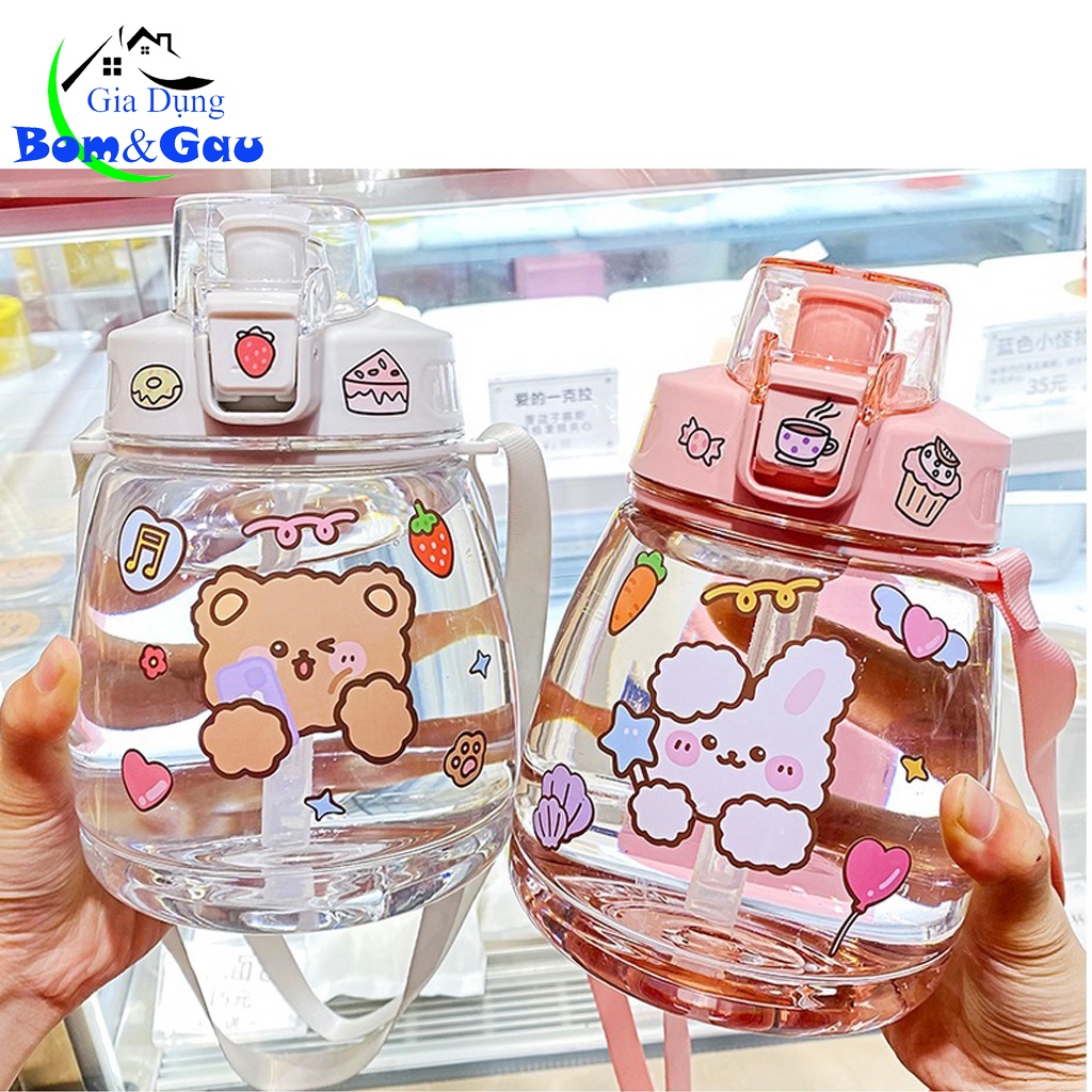 Bình đựng nước kèm ống hút, quai đeo cao cấp, siêu cute dung tích 1200ml