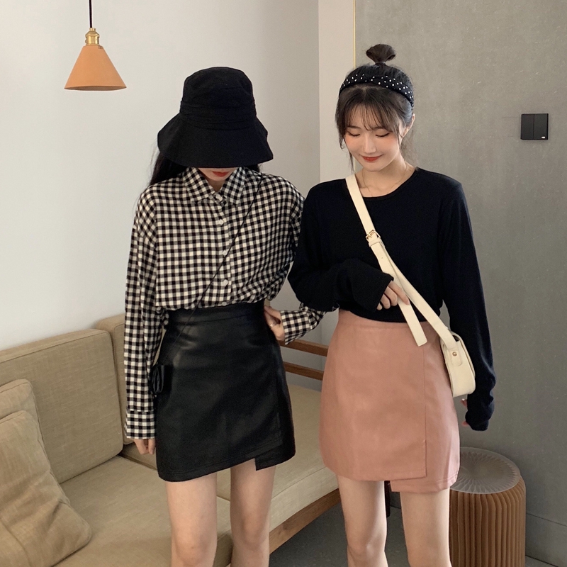 Chân Váy Da Pu Lưng Cao Dáng Chữ A Phong Cách Hàn Quốc