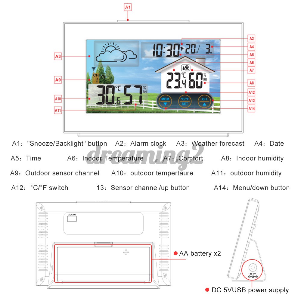 Đồng Hồ Báo Thức Kỹ Thuật Số Cảm Ứng Nhiệt Độ &amp; Độ Ẩm 2