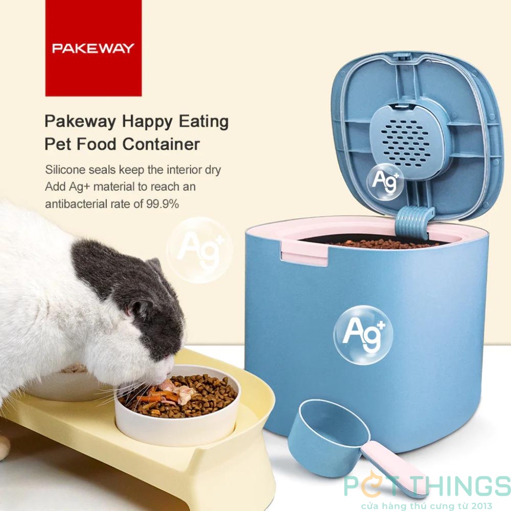 Thùng đựng hạt thức ăn khô kháng khuẩn Pakeway Happy Eating 11L / 5kg cho thú cưng