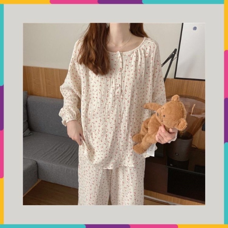 Đồ ngủ nữ pijama rộng Quảng Châu thiết kế cổ tròn, tay lỡ, bộ mặc nhà chất đũi xước (Hàng Order)