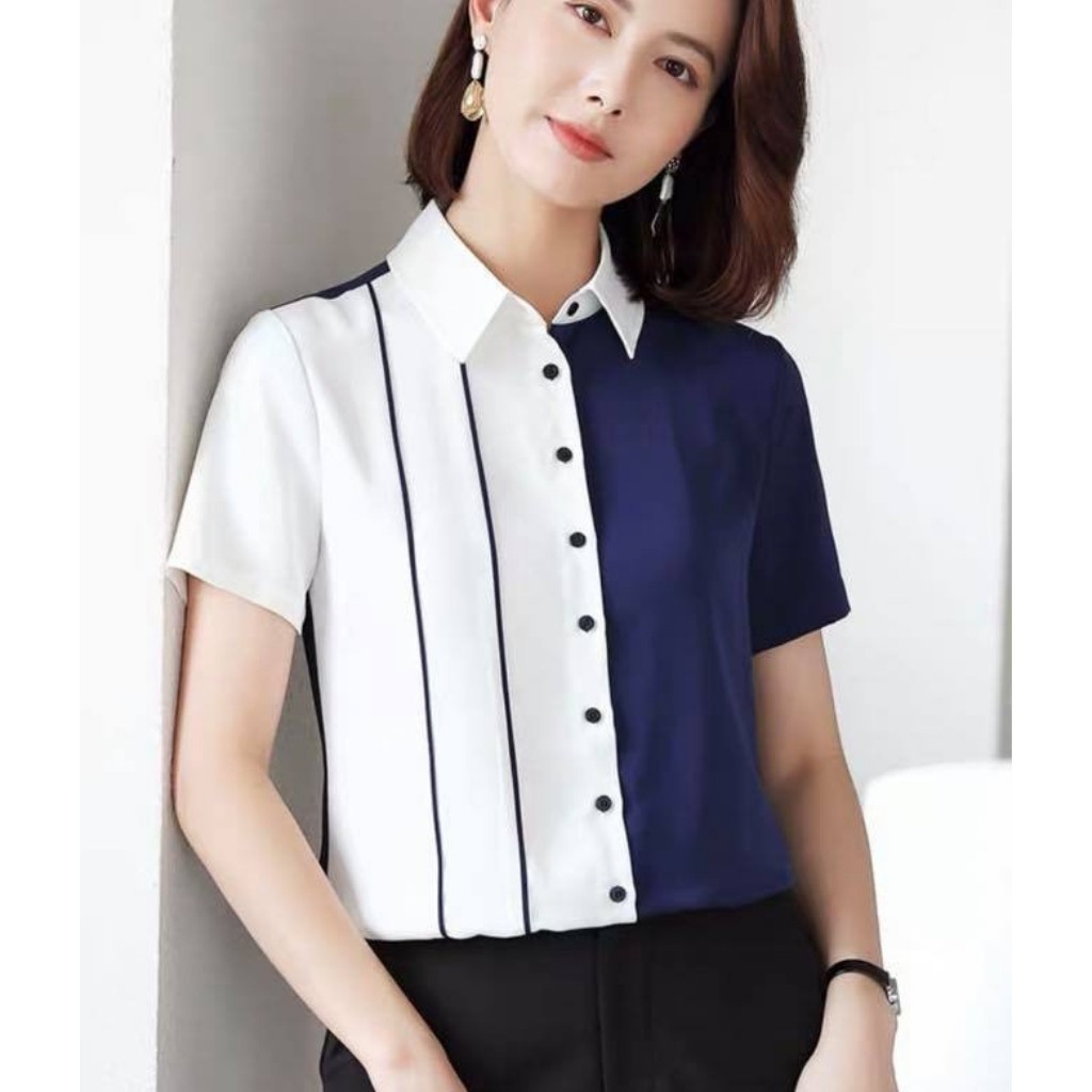 Áo Sơ Mi Nữ Ngắn Tay Hai Màu Xanh Trắng Mẫu TE02 Thời Trang Top Fashion Shop Thiết Kế Thanh Lịch, Nữ Tính