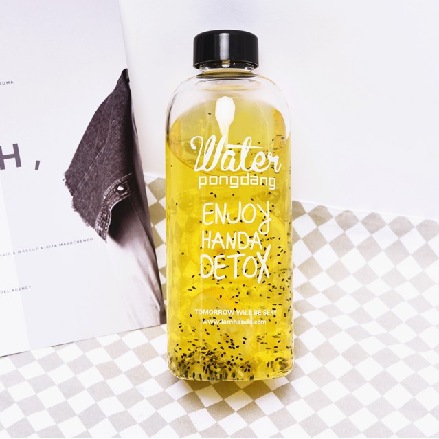 Bình nước detox 1000ml, bình nước thể thao, bình nước nhựa trong suốt 1 lít có túi dây rút đẹp kèm theo