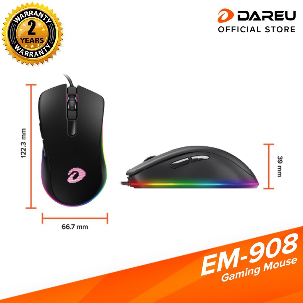 Chuột Gaming DareU EM908 Black (LED RGB, BRAVO sensor)