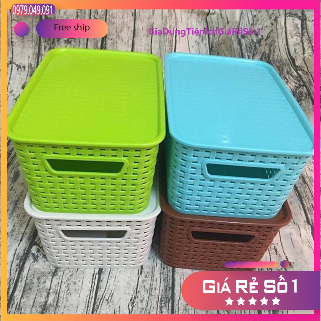 Combo 2 rổ nhựa đan phong cách hàn quốc size trung - Giỏ đựng đồ bằng nhựa giả mây có nắp đậy Việt Nhật