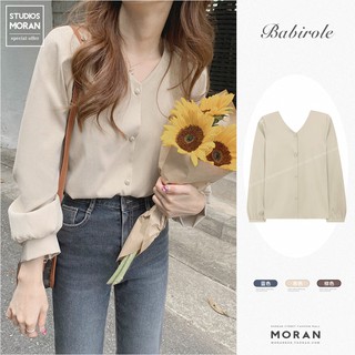 (ORDER) Áo sơ mi dài tay MORAN cổ V cài khuy đơn giản nhẹ nhàng style Hàn Quốc