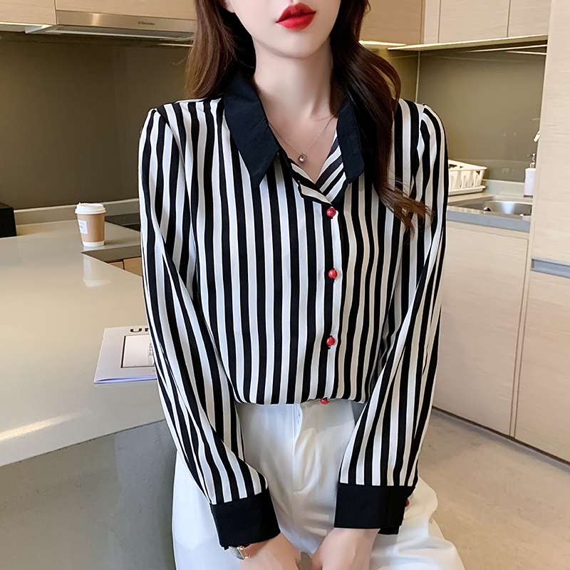 Áo sơ mi nữ dài tay họa tiết sọc dọc thời trang mới