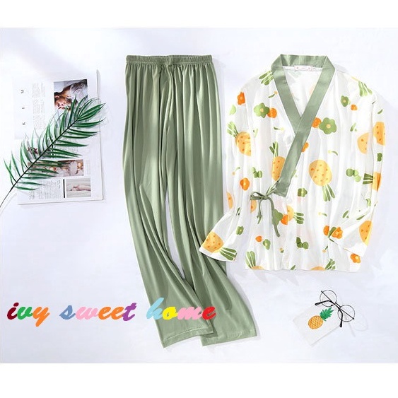 Bộ kimono hoa cotton mặc sau sinh dài  Ivysweethome Cotton65/35IVY253