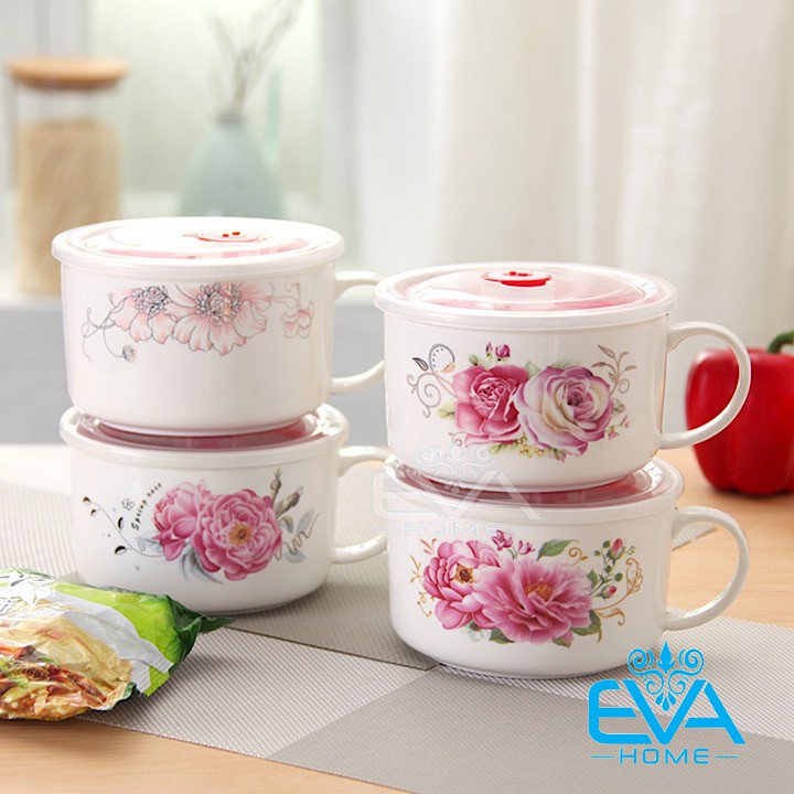 Ly Ăn Mì Sứ Họa Tiết Hoa Văn Sang Trọng Có Nắp Đậy Chân Không Tiện Dụng