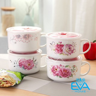 Ly Ăn Mì Sứ Họa Tiết Hoa Văn Sang Trọng Có Nắp Đậy Chân Không Tiện Dụng