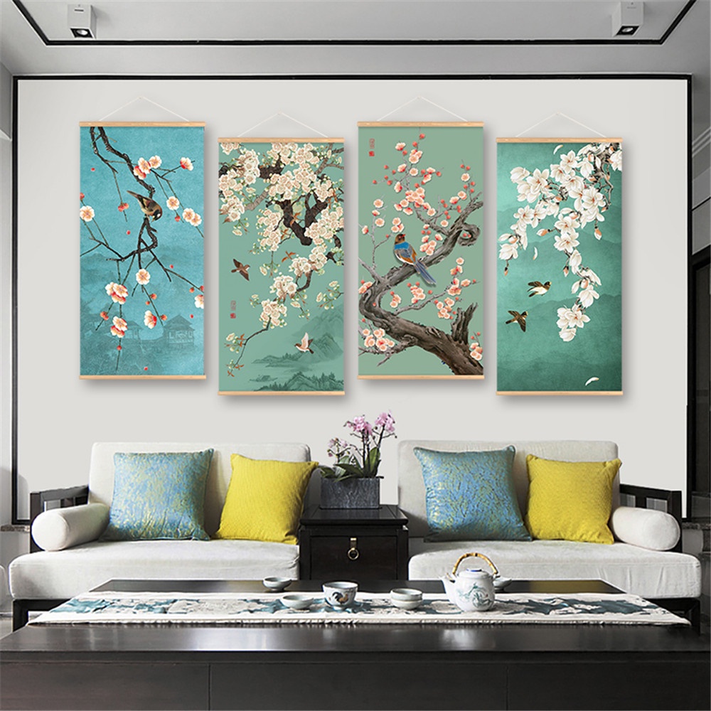 Tranh Vải Bạt Treo Tường Khung Gỗ In Hình Hoa Mận & Chim Kiểu vintage