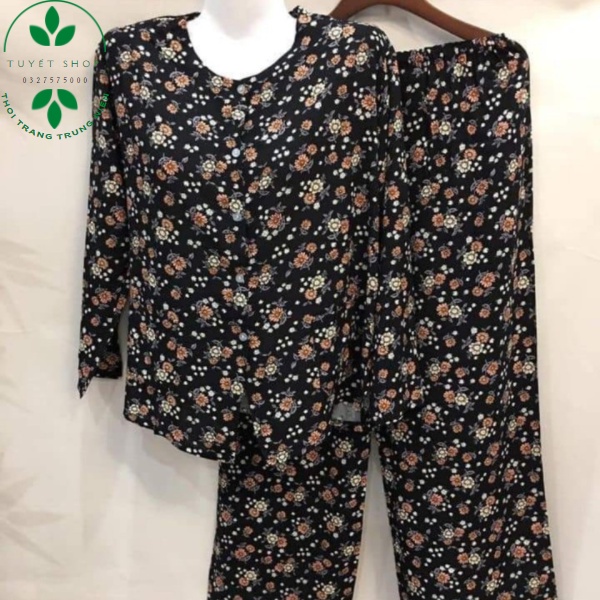 Bộ Lanh Nhung Hoa Dài Tay Thu Đông Trung Niên Cho Các Bà Các Mẹ