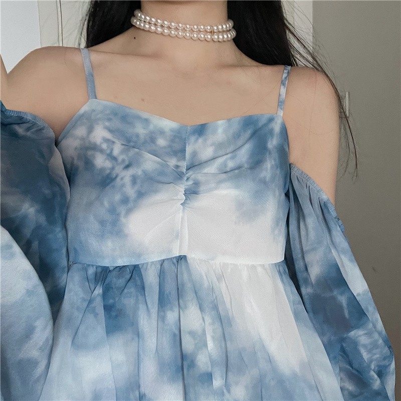 Váy Voan Xanh 2 Dây Mix Tay Áo Dài Loang Màu - Feedback Ảnh Cuối