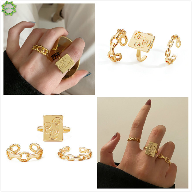 Bộ 3 nhẫn hở vàng thiết kế rỗng xoắn/ mặt cười điều chỉnh được phong cách cổ điển