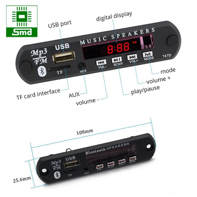 Mạch Giải Mã MP3 USB/TF/AUX/Bluetooth3.0 7-12VDC