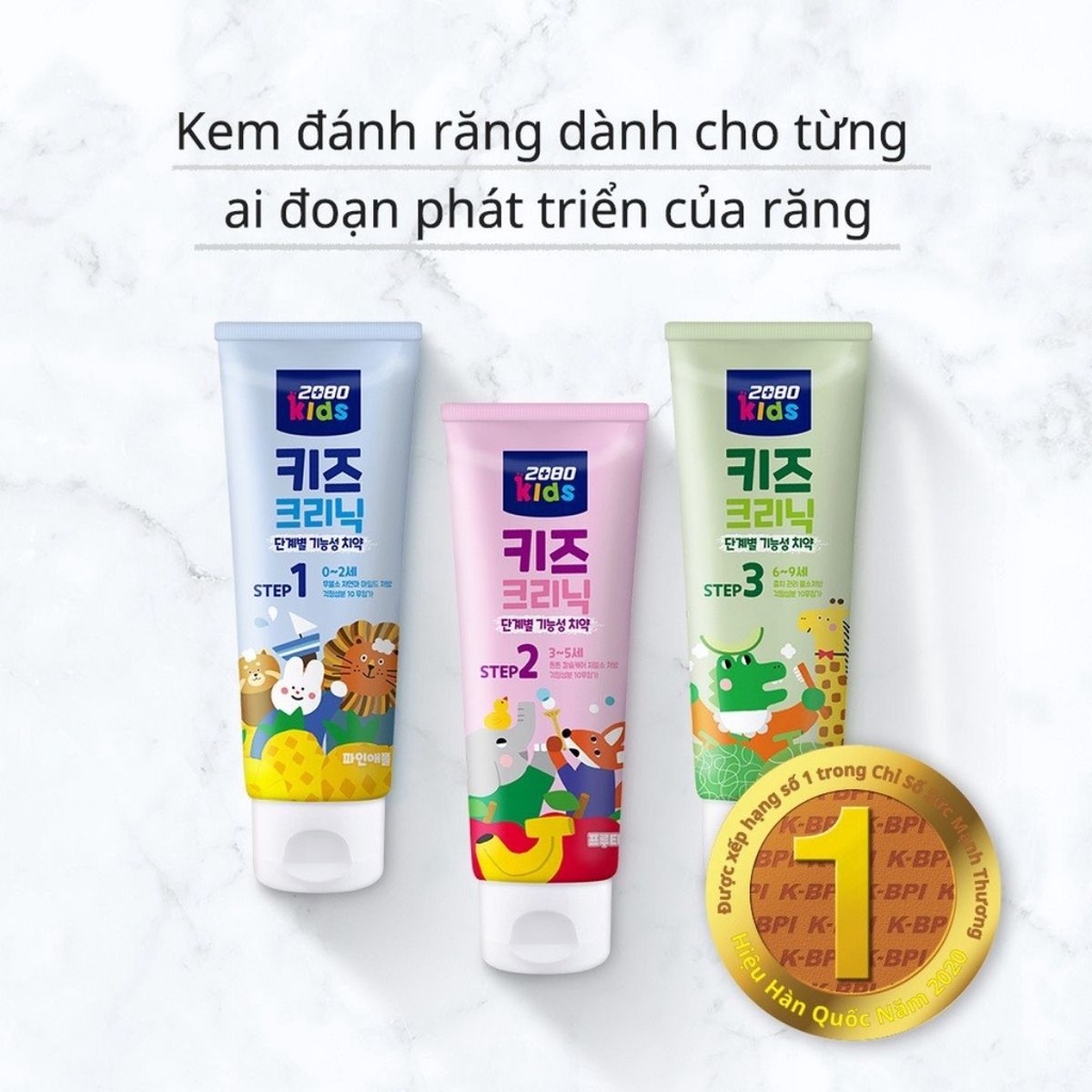 Kem đánh răng Kids Clinic 2080 bước 3 bảo vệ bé khỏi sâu răng, chứa canxi cho răng chắc khoẻ cho bé từ 6 - 9 tuổi 80g