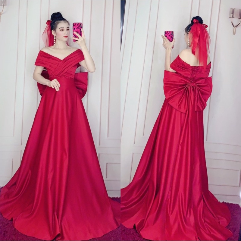 ĐẦM CƯỚI BẸT VAI XẾP LY KÈM NƠ LƯNG ĐUÔI THƯỚT THA fullsize S/M/L/XL ( trắng và đỏ ) viideo và ảnh do chủ tự quay 10000%