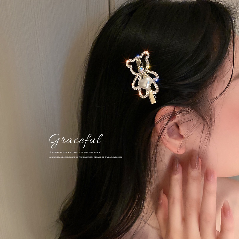Kẹp Tóc Hình Gấu Đính Ngọc Trai Lấp Lánh Dễ Thương