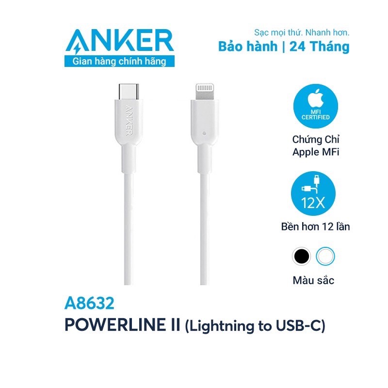 Cáp sạc Anker Power line ll A8632 type C to Linghtning 0.9m MFI