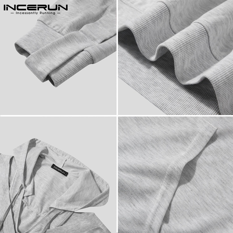 Áo sweatshirt INCERUN tay dài thiết kế khoét lỗ thời trang màu trơn có mũ trùm cho nam