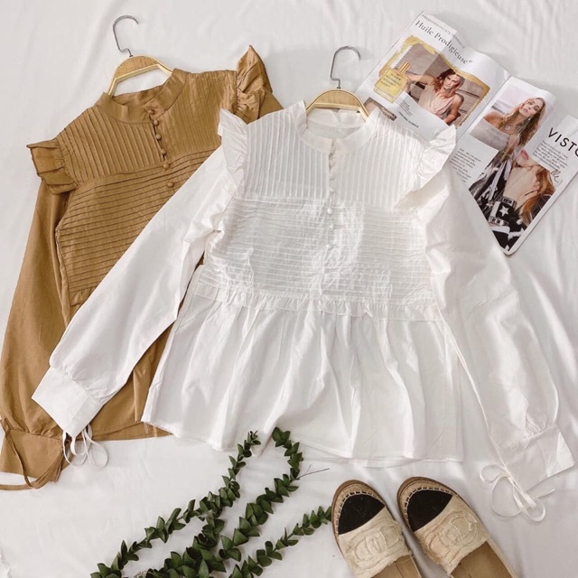 Áo sơmi kiểu babydoll xếp ly phối bèo