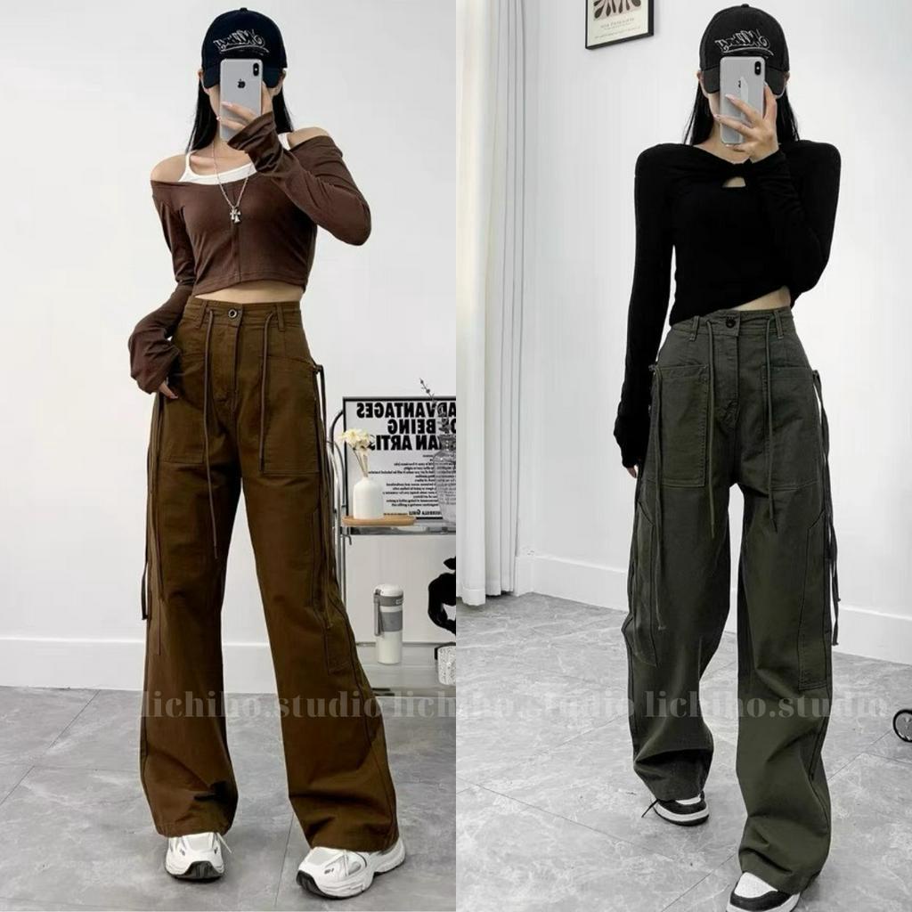 Quần kaki túi hộp phối dây rút eo form dài unisex cargo pants ống suông thiết kế cạp lưng cao cá tính trẻ trung LCH
