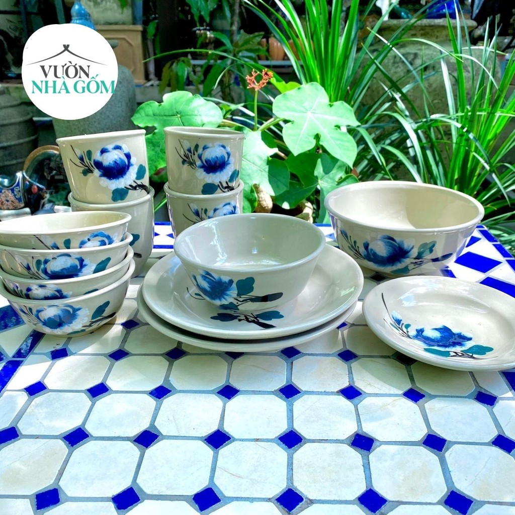 Set 5 dĩa vẽ bông màu xanh, Dĩa gốm chất lượng- nhỏ bông xanh- VƯờn Nhà Gốm