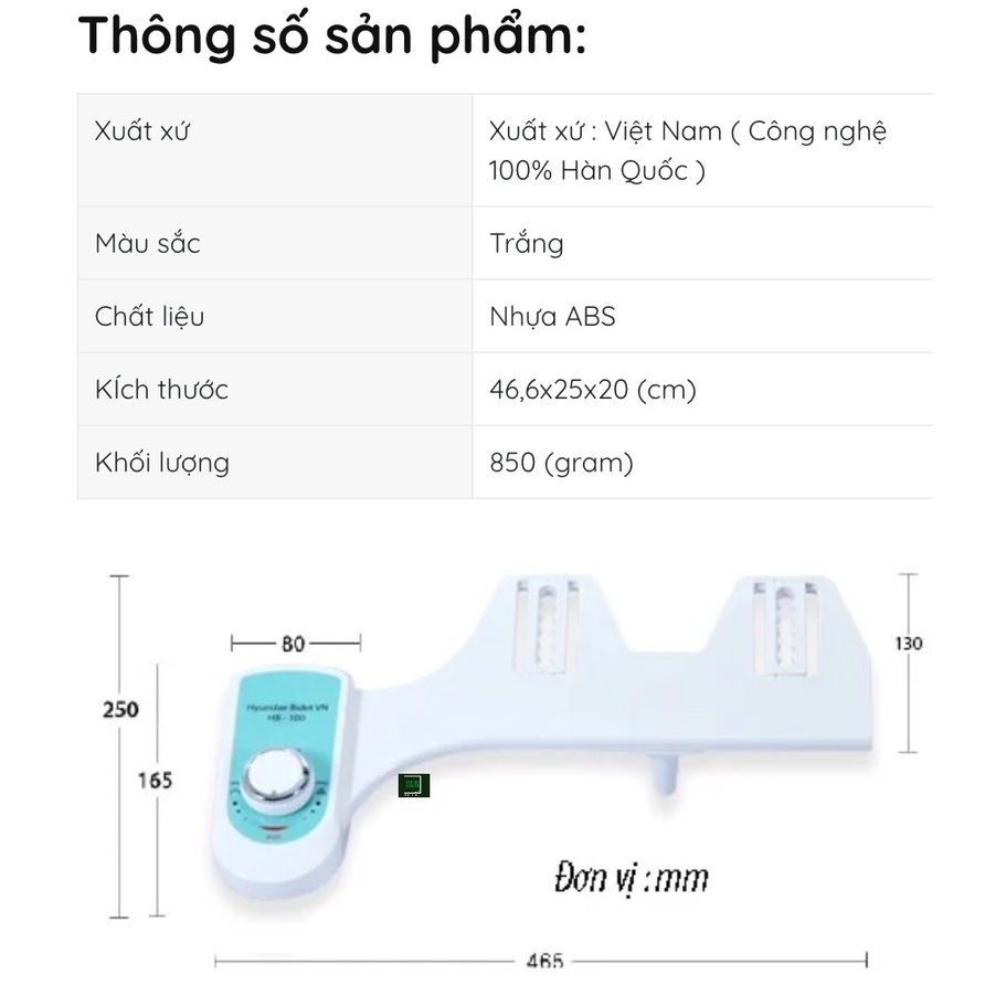 Vòi rửa vệ sinh thông minh HYUNDAE BIDET HB 100, BH 3 Năm, đổi lỗi 15 ngày, Linh Kiện Nhập Khẩu 100% Hàn Quốc