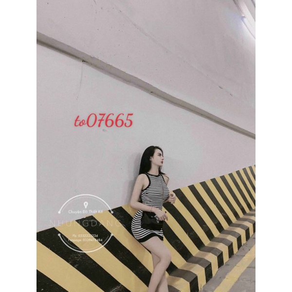 Đầm Thun Kẻ Sọc Ngang Viền Đen Ba Lỗ Sát Nách - Dáng Ngắn Ôm Body Sexy