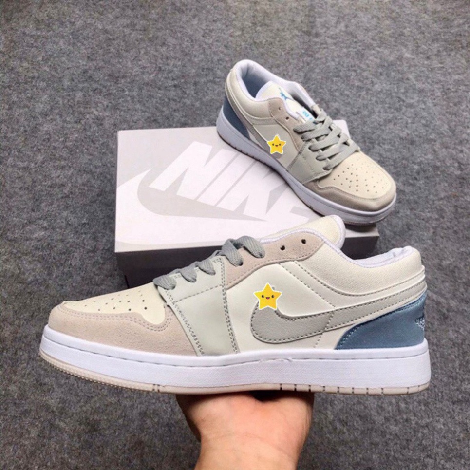 Giày Jordan Trắng Xám JD1 Cổ Thấp Gót Xanh Sneaker Nam Nữ Full Box Bill F12 | BigBuy360 - bigbuy360.vn