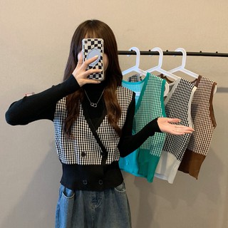 Áo vest gile len dệt kim kẻ caro nhỏ