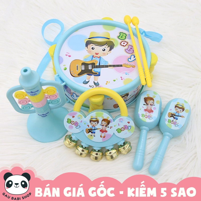 Bộ đồ chơi trống kèn có mẫu kèm xúc xắc, kèn, âm vang tốt, chất liệu nhựa bền đẹp an toàn 733 màu xanh biển